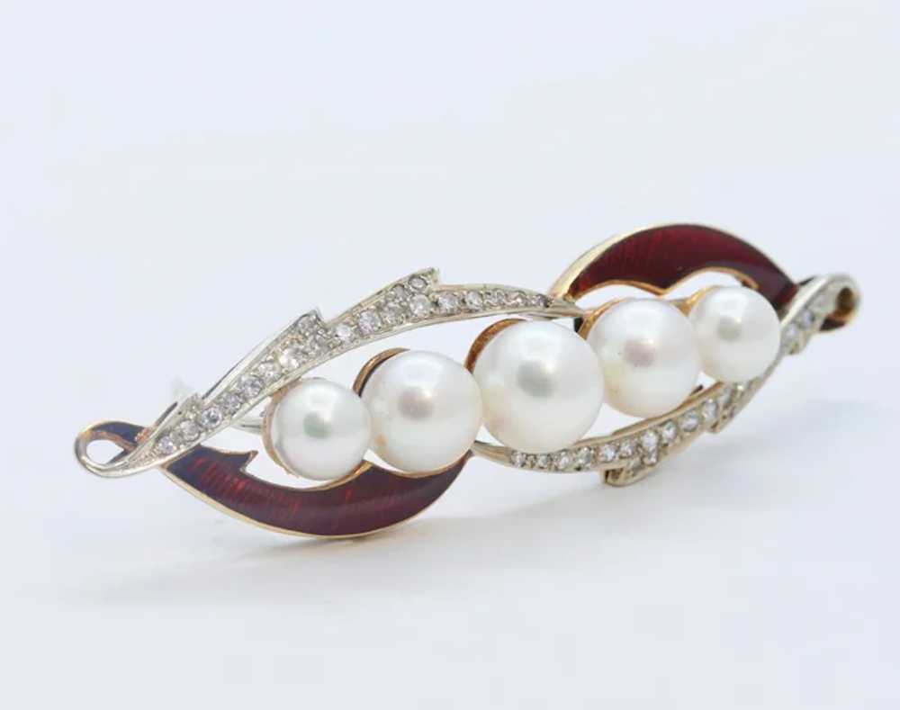 Unique Art Deco Diamonds Pearls Red Enamel 18K Ye… - image 2