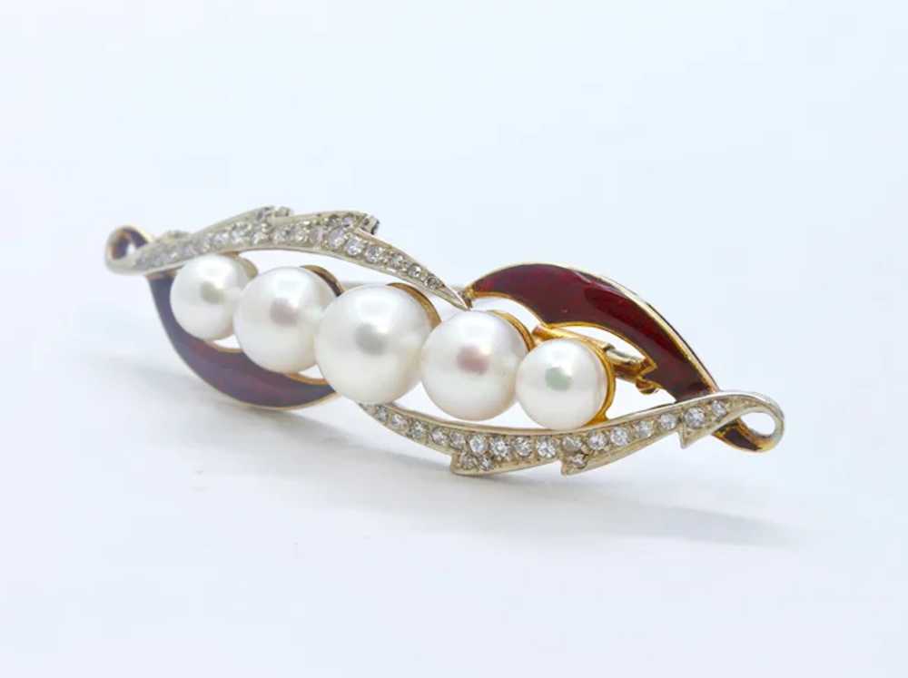 Unique Art Deco Diamonds Pearls Red Enamel 18K Ye… - image 3