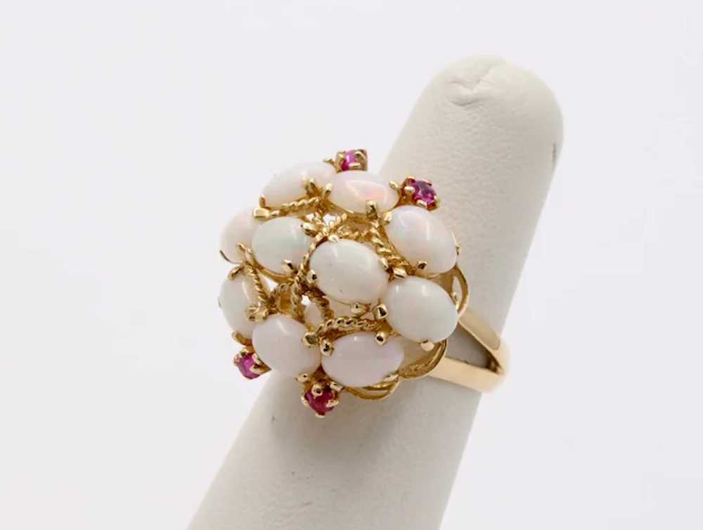 Vintage 14K Yellow Gold Opal Cluster Ruby Ring - image 2