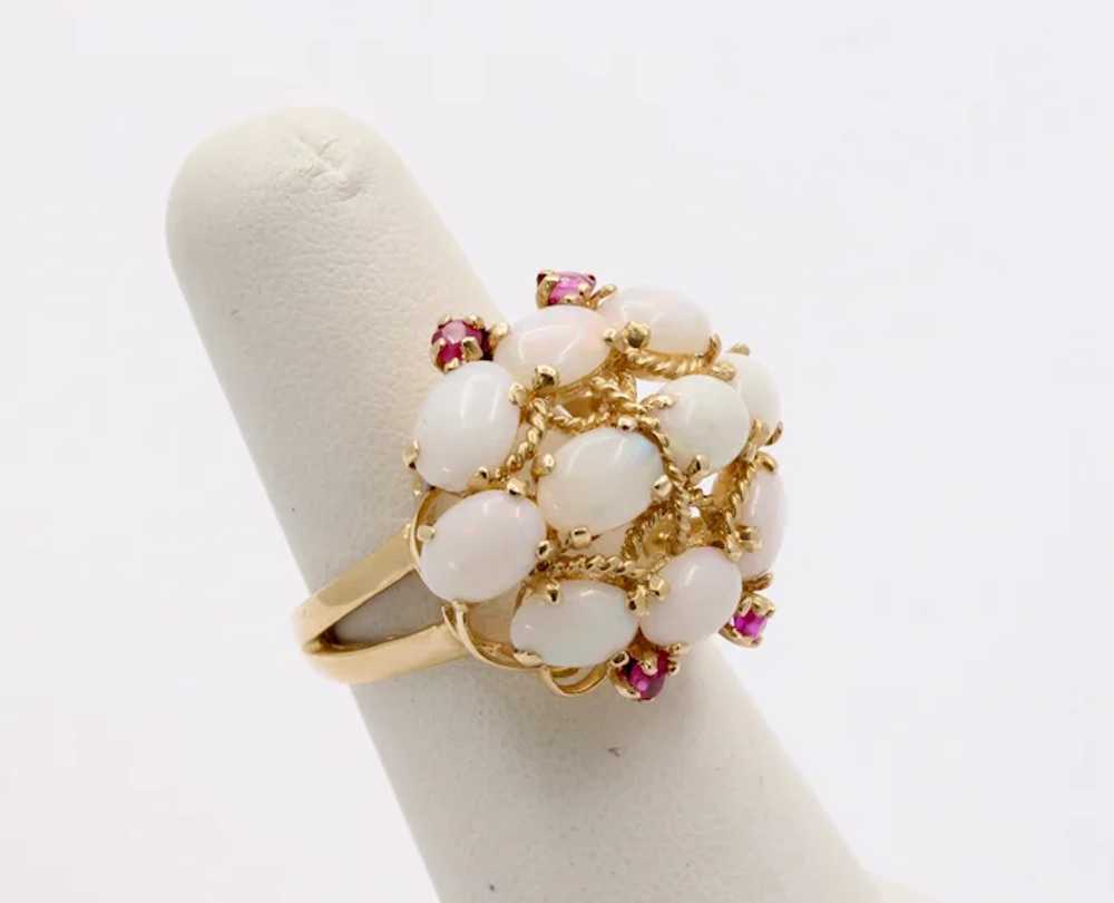 Vintage 14K Yellow Gold Opal Cluster Ruby Ring - image 3