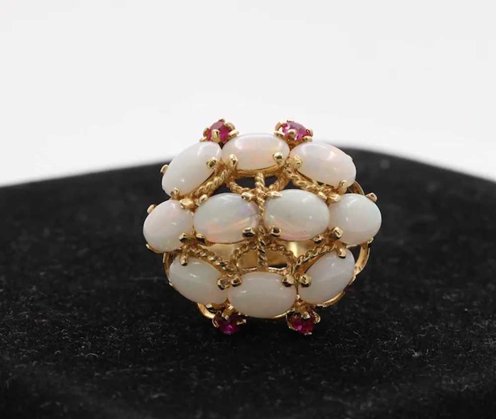 Vintage 14K Yellow Gold Opal Cluster Ruby Ring - image 8