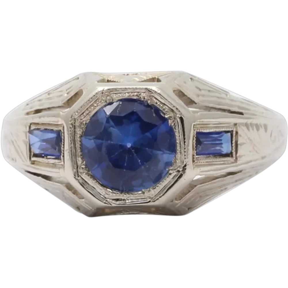 Unique Art Deco Blue Sapphires 18K White Gold Ring - image 1