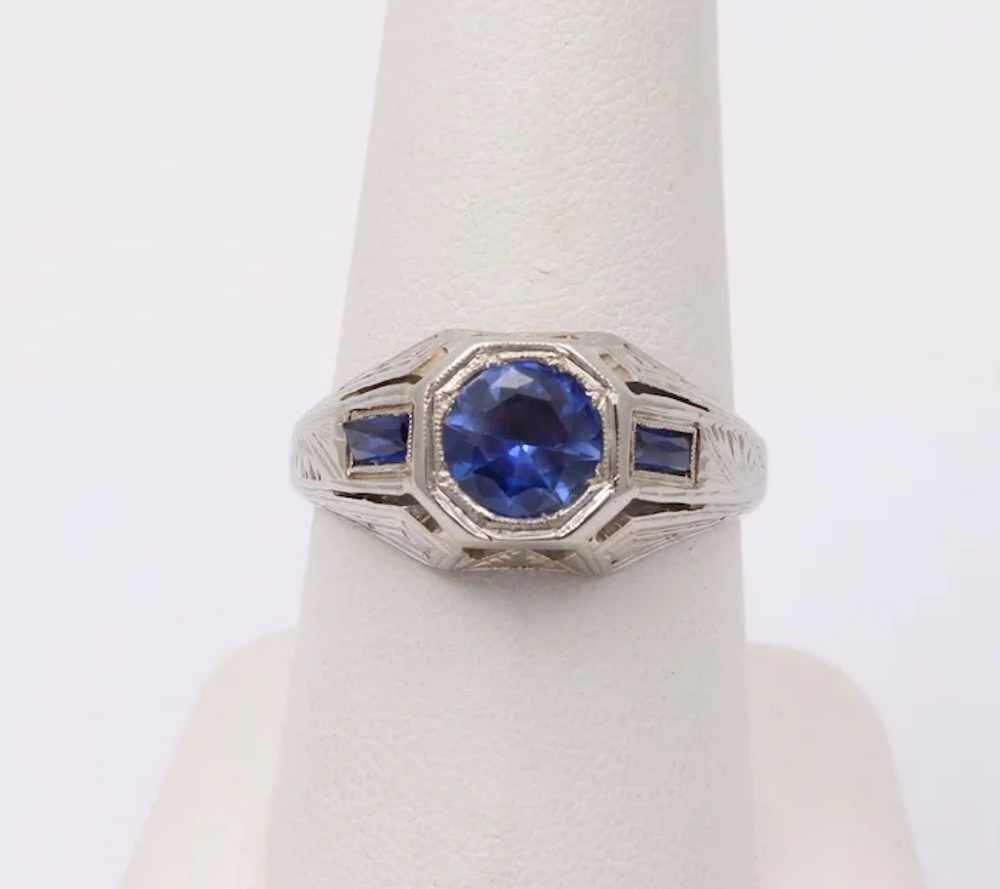 Unique Art Deco Blue Sapphires 18K White Gold Ring - image 2