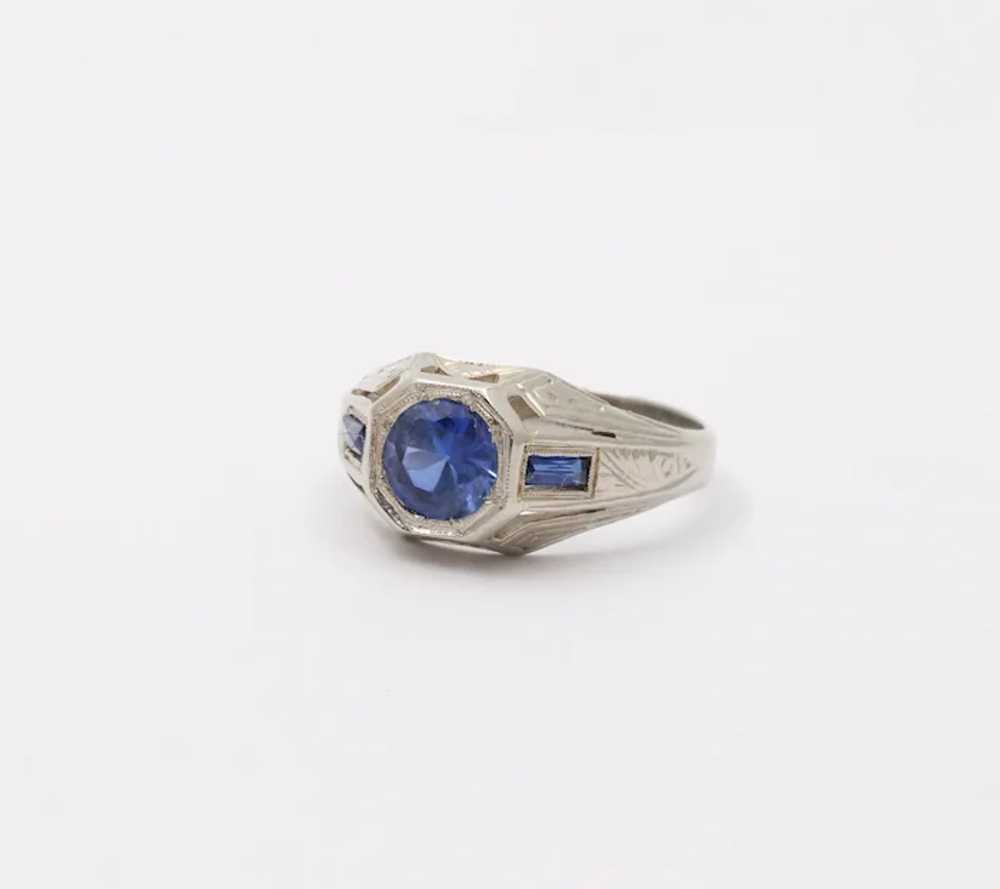 Unique Art Deco Blue Sapphires 18K White Gold Ring - image 3