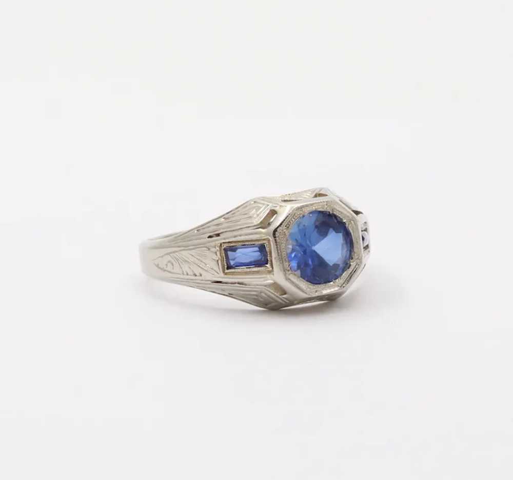 Unique Art Deco Blue Sapphires 18K White Gold Ring - image 4
