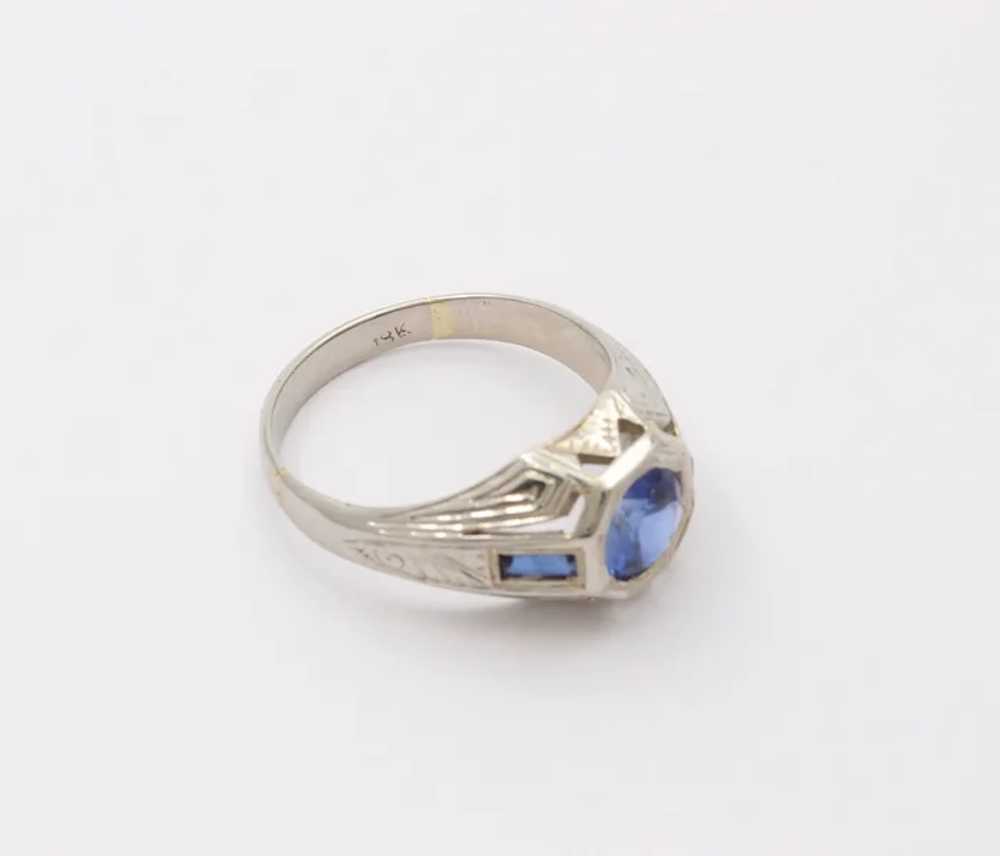 Unique Art Deco Blue Sapphires 18K White Gold Ring - image 5