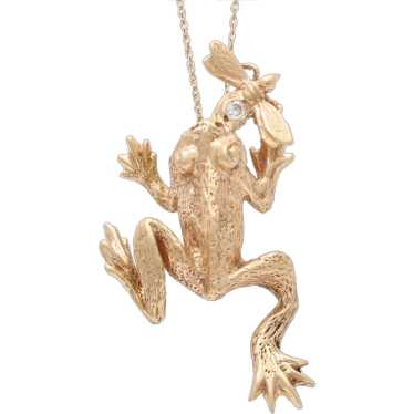 Vintage Frog Eating a Bee Diamond 14K Yellow Gold… - image 1