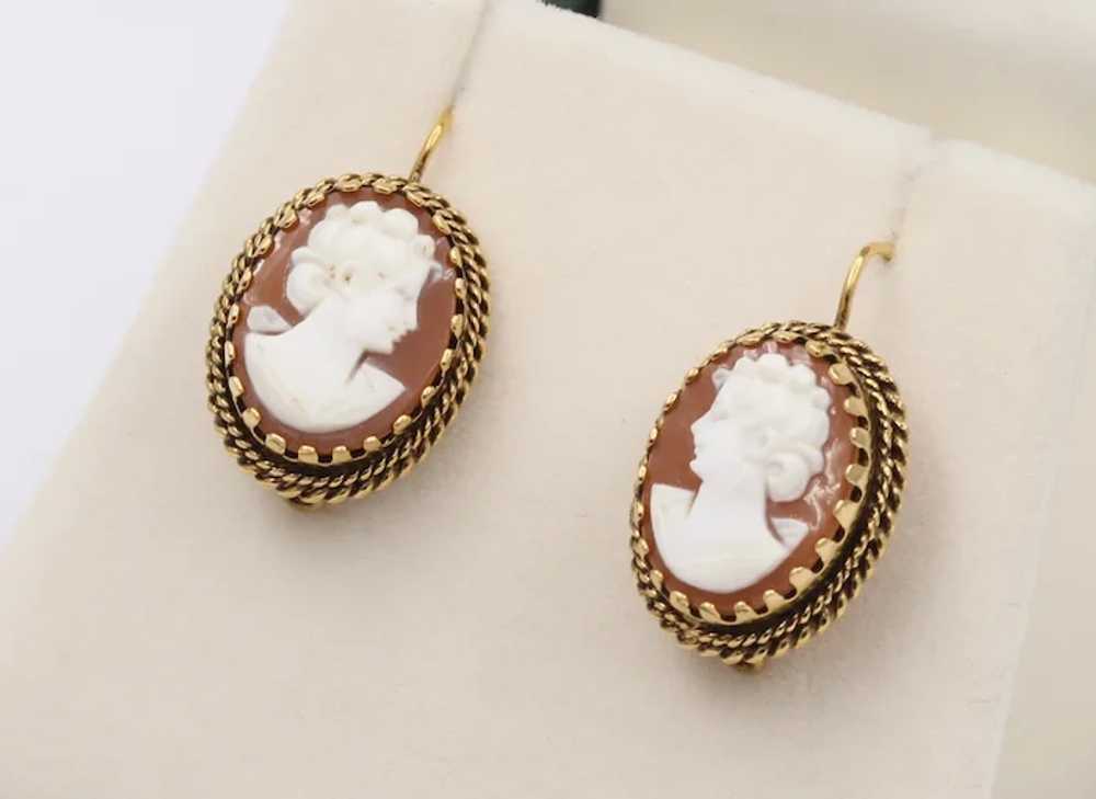 Victorian Revival Agate Cameo 14K Yellow Gold Ear… - image 2
