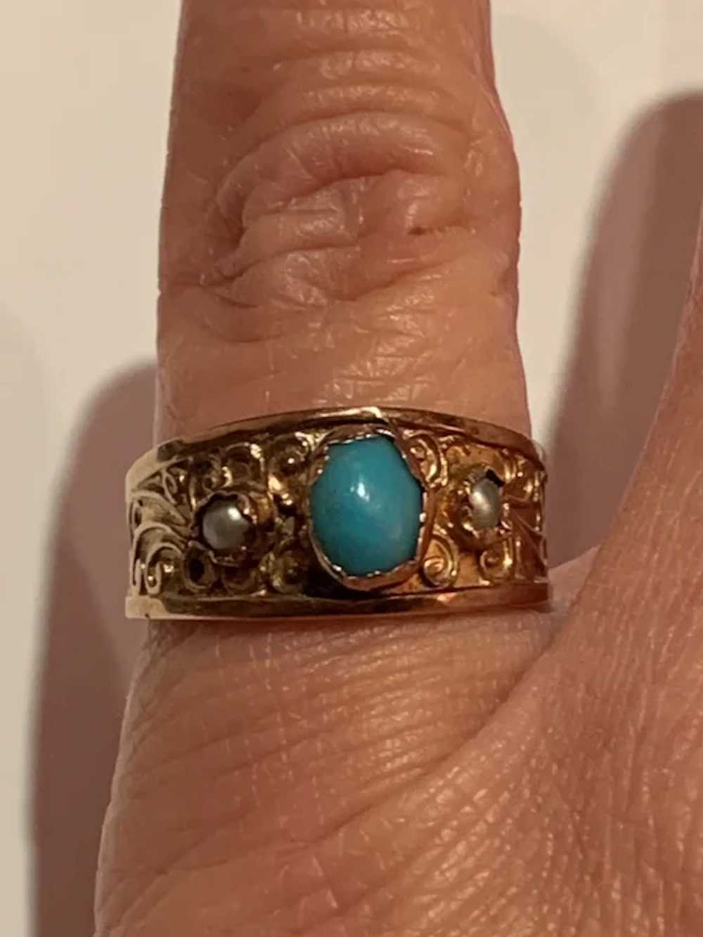 French 18 K Gold pearl paste turquoise open Band … - image 2