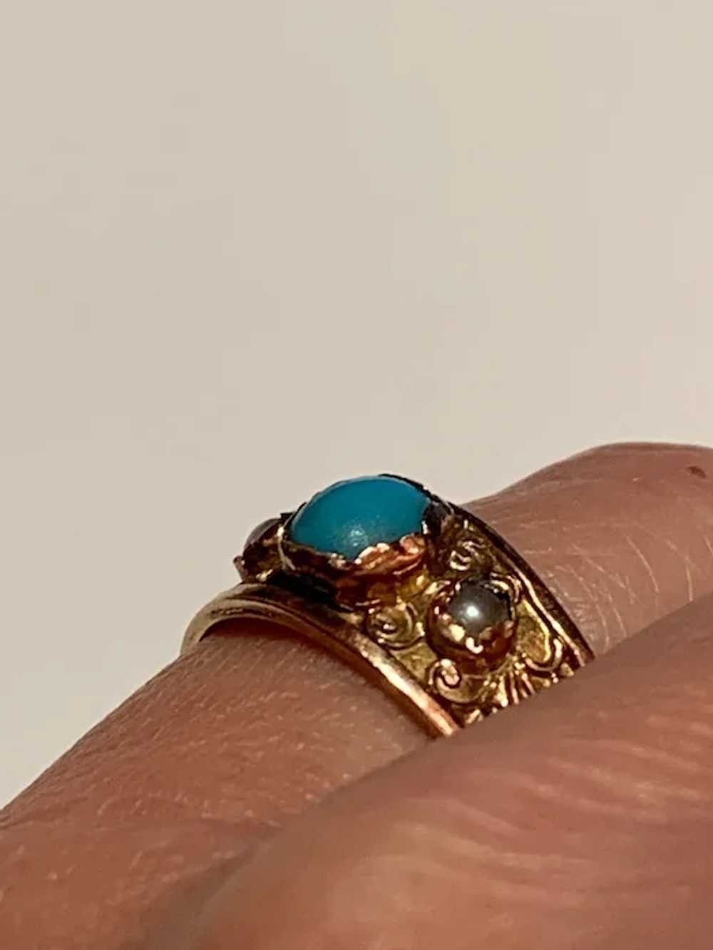 French 18 K Gold pearl paste turquoise open Band … - image 5