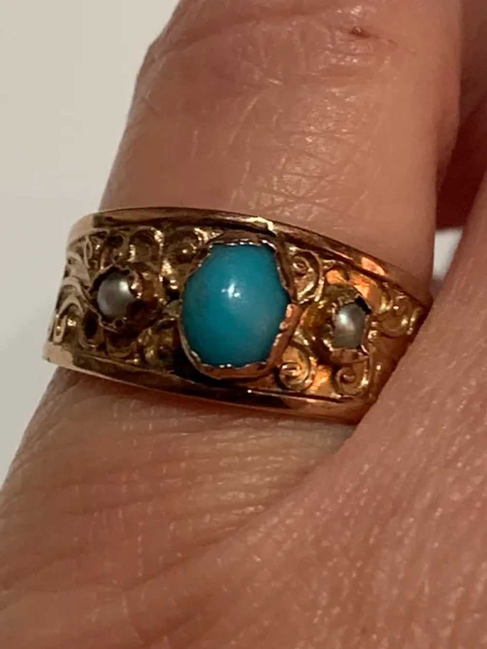 French 18 K Gold pearl paste turquoise open Band … - image 8