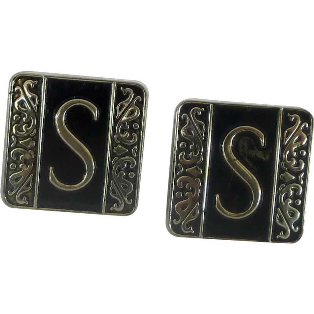 Swank Initial S Silver Tone and Black Cufflinks C… - image 1