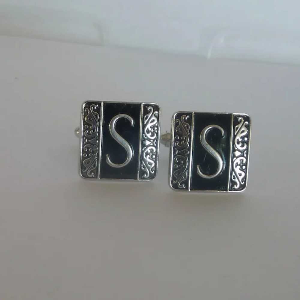 Swank Initial S Silver Tone and Black Cufflinks C… - image 3