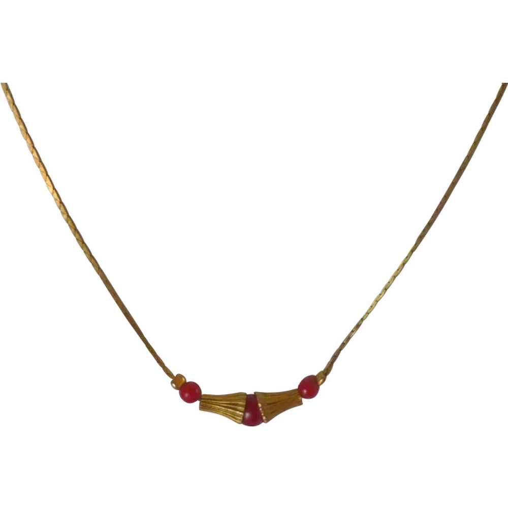Red Beads and Gold Tone Dainty Necklace - image 1