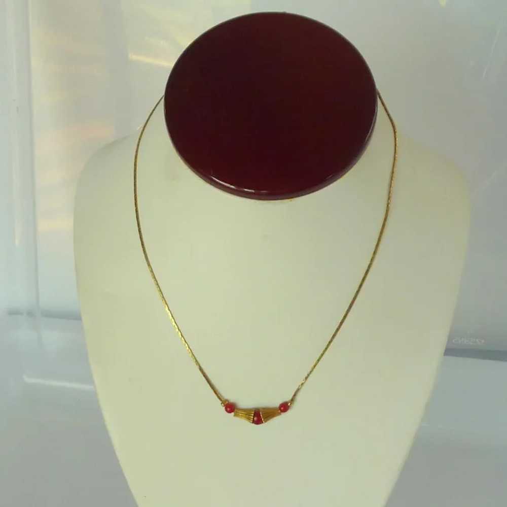 Red Beads and Gold Tone Dainty Necklace - image 2