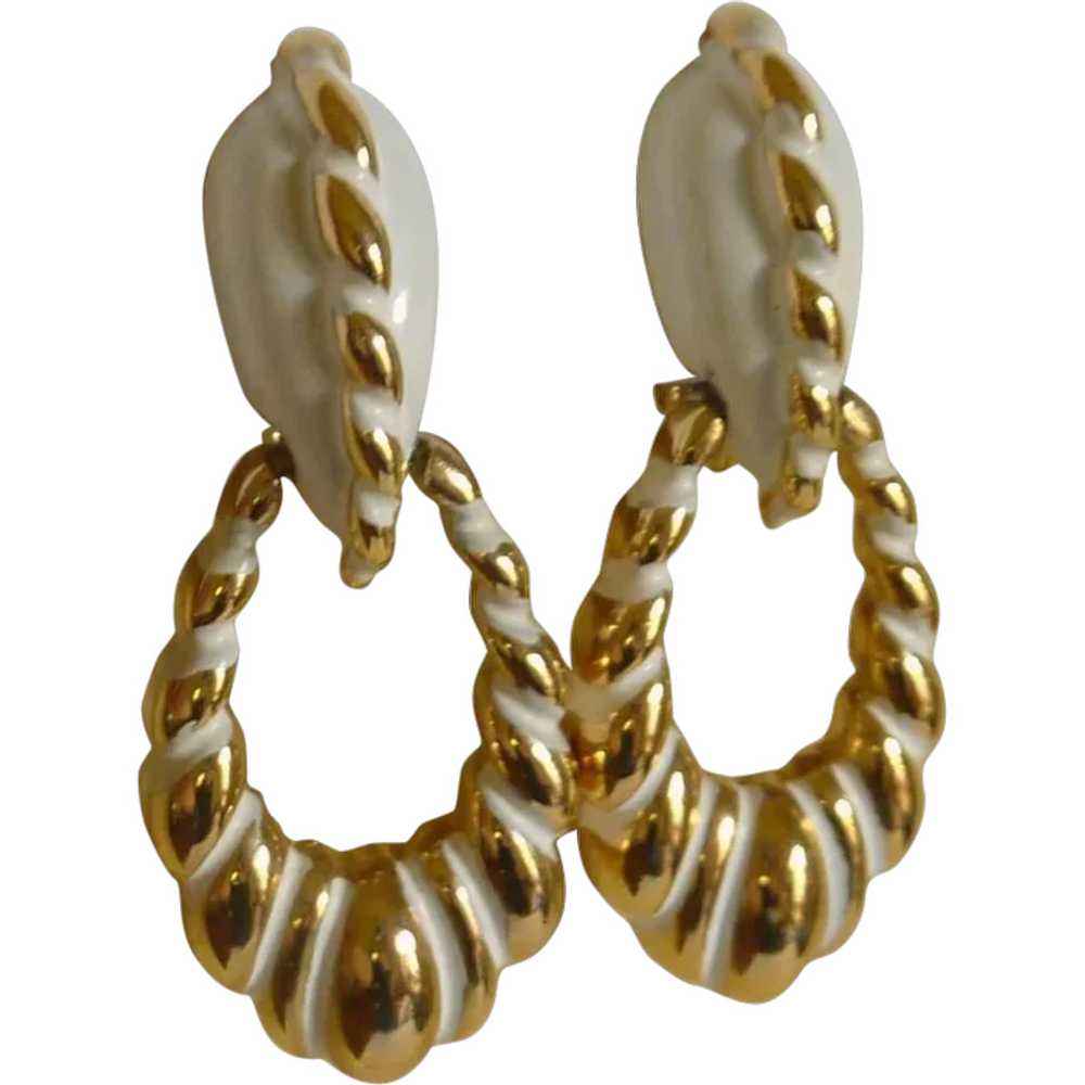 Vendome White and Gold Tone Screw Loop Earrings - image 1