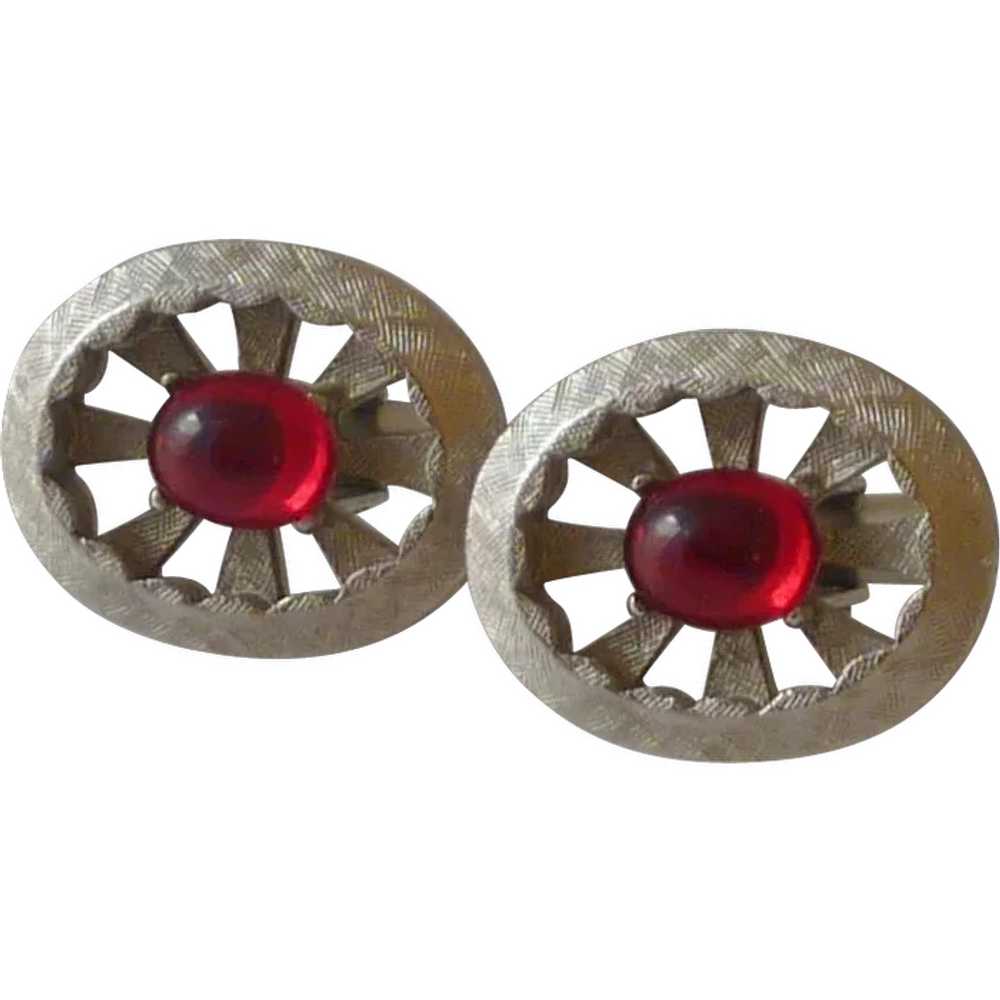 Brushed Silver Tone Spoke Oval with Red Glass Cuf… - image 1