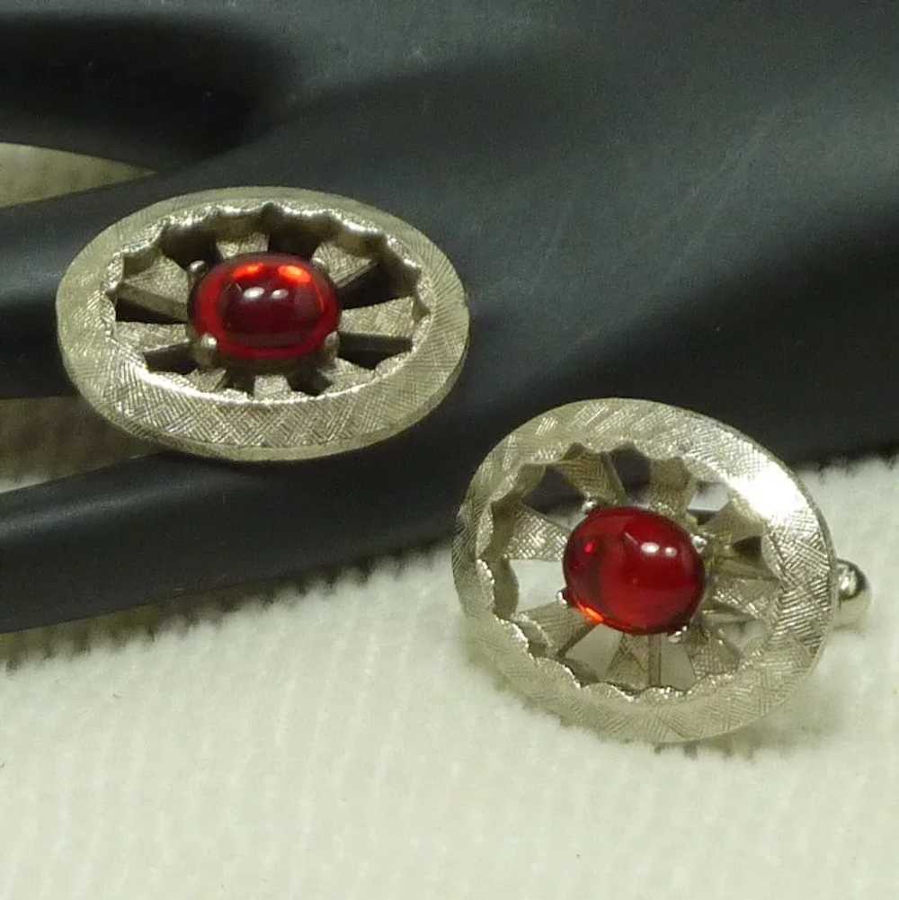 Brushed Silver Tone Spoke Oval with Red Glass Cuf… - image 2