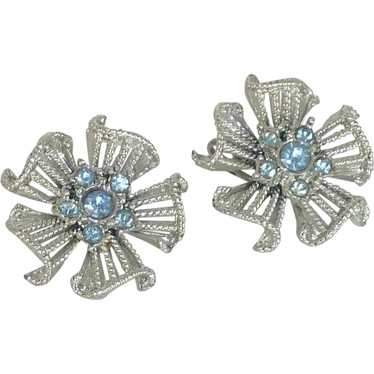 Silver Star Burst Blue Rhinestone Clip On Earrings - image 1
