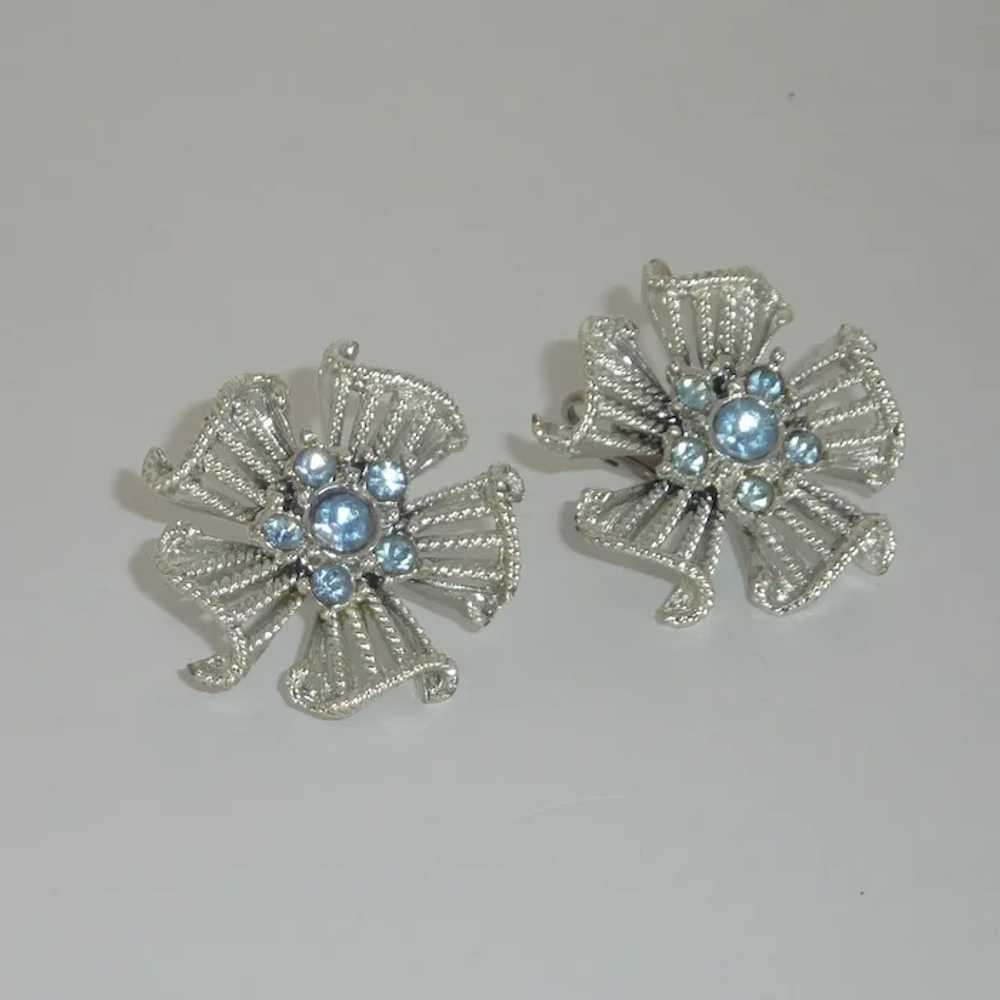 Silver Star Burst Blue Rhinestone Clip On Earrings - image 3