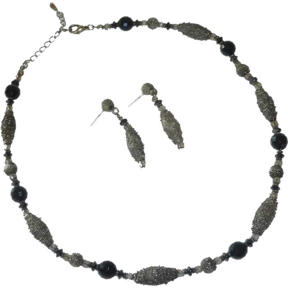 Silver Steel & Black Beads Necklace and Earrings - image 1