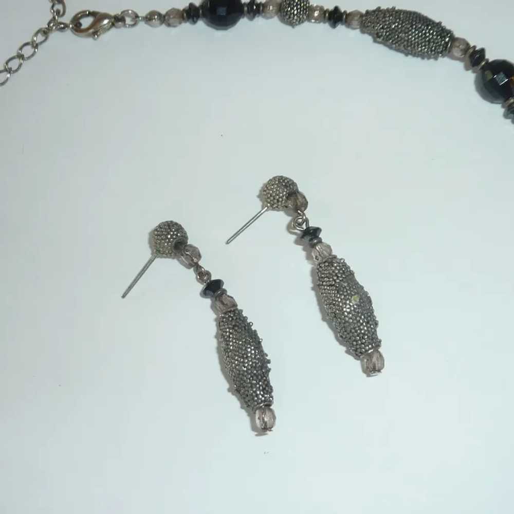 Silver Steel & Black Beads Necklace and Earrings - image 2