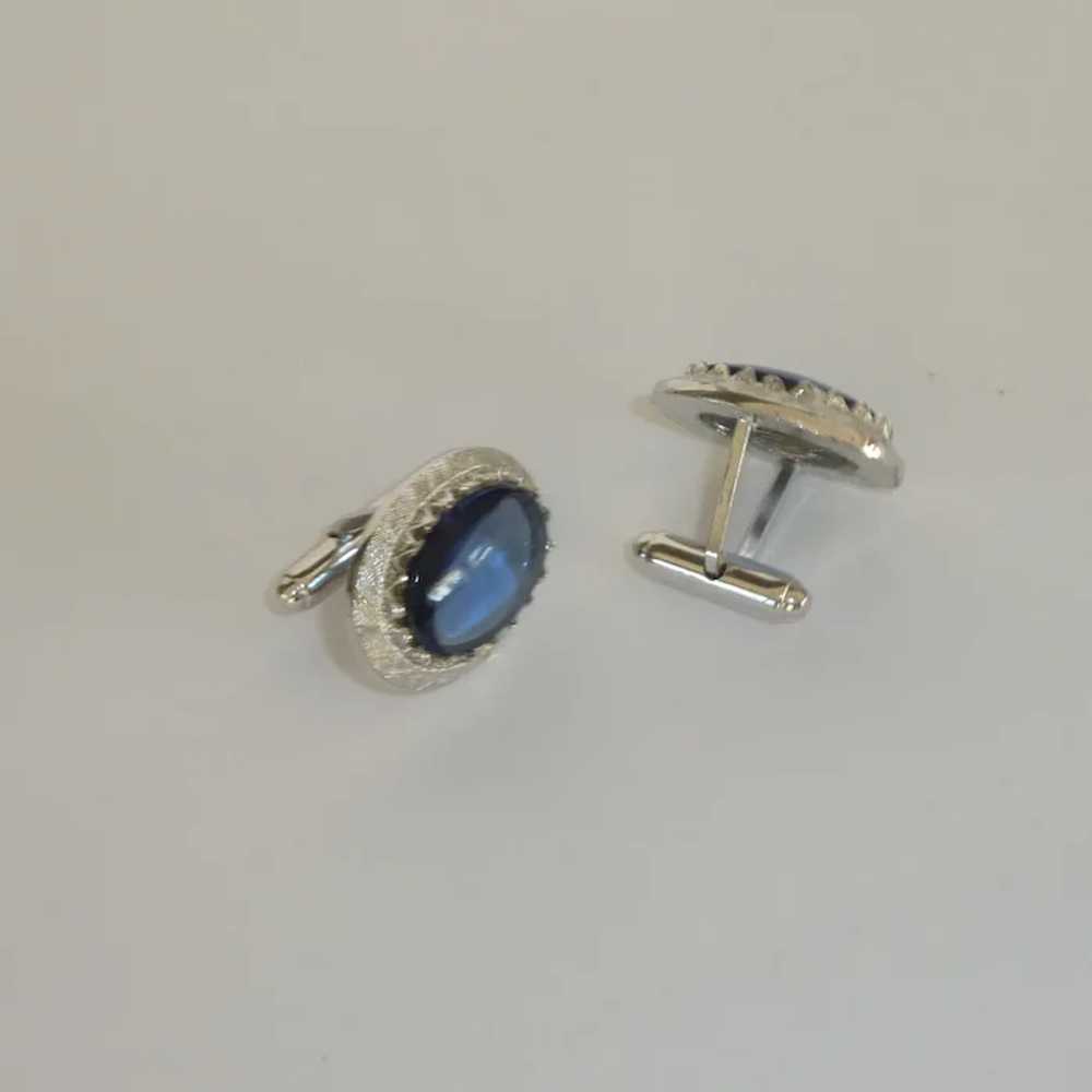 Silver Tone Oval Blue Glass Cufflinks Cuff Links - image 2