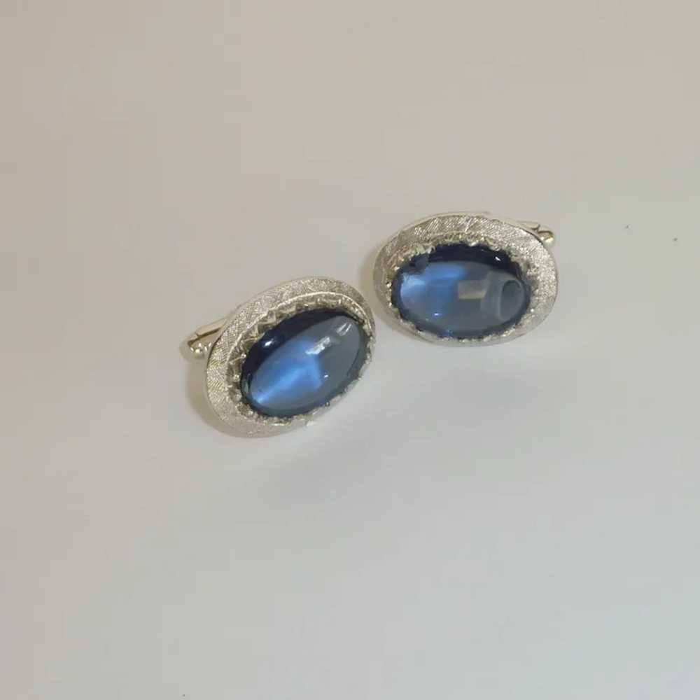 Silver Tone Oval Blue Glass Cufflinks Cuff Links - image 4