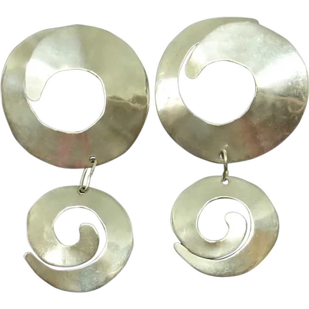 Silver Toned Dangle Abstract Round Pierced Earrin… - image 1