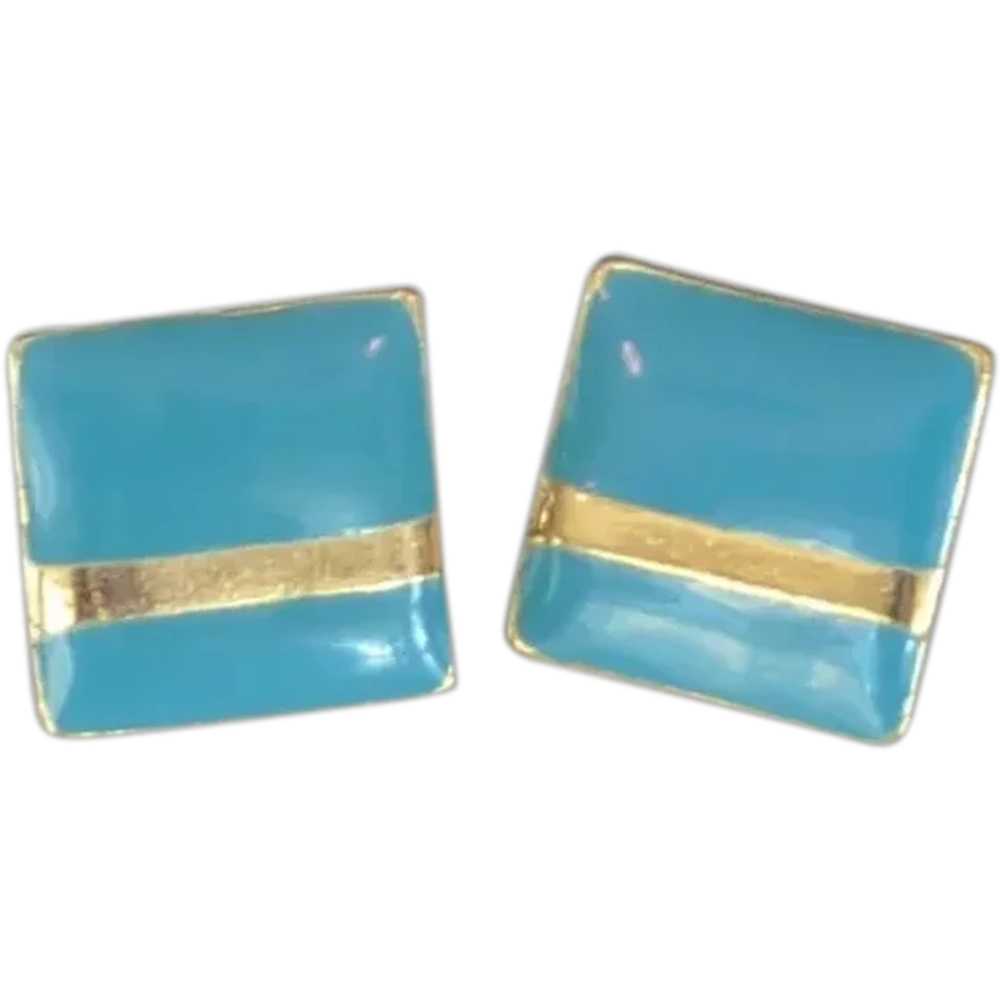 Enameled Aqua Gold Tone Square Pierced Earrings - image 1