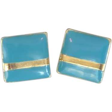 Enameled Aqua Gold Tone Square Pierced Earrings - image 1