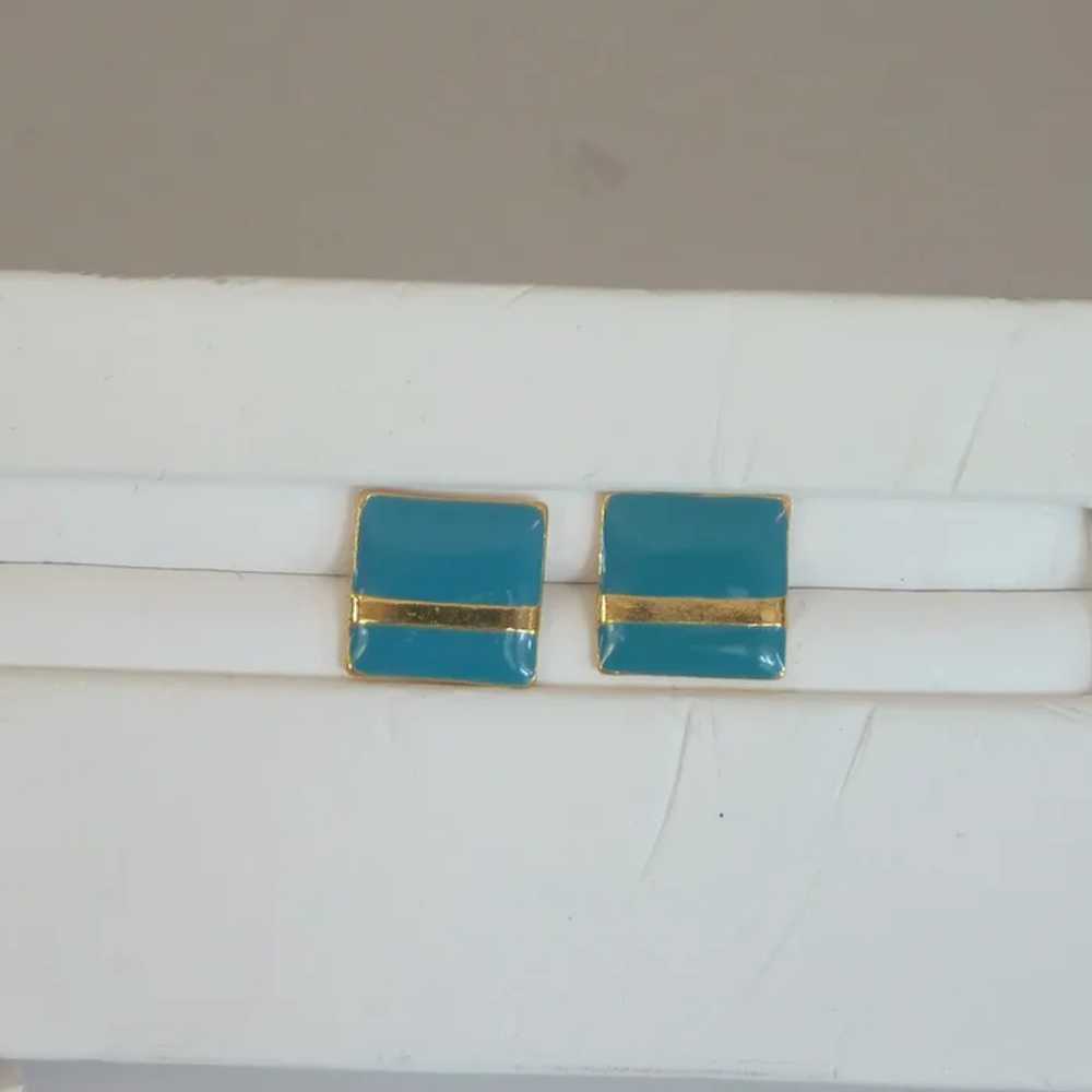 Enameled Aqua Gold Tone Square Pierced Earrings - image 3