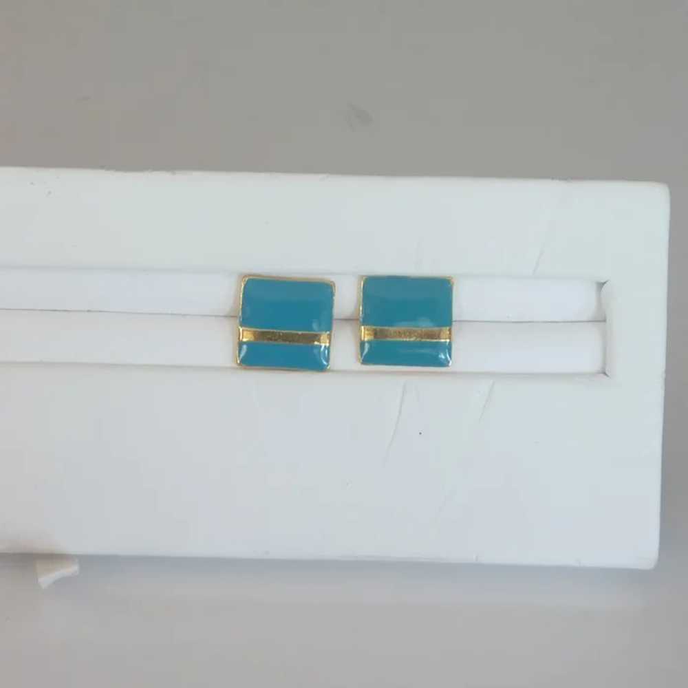 Enameled Aqua Gold Tone Square Pierced Earrings - image 4