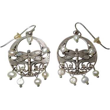 Sterling Dragonfly Earrings, Pearls, Vintage Hoops - image 1