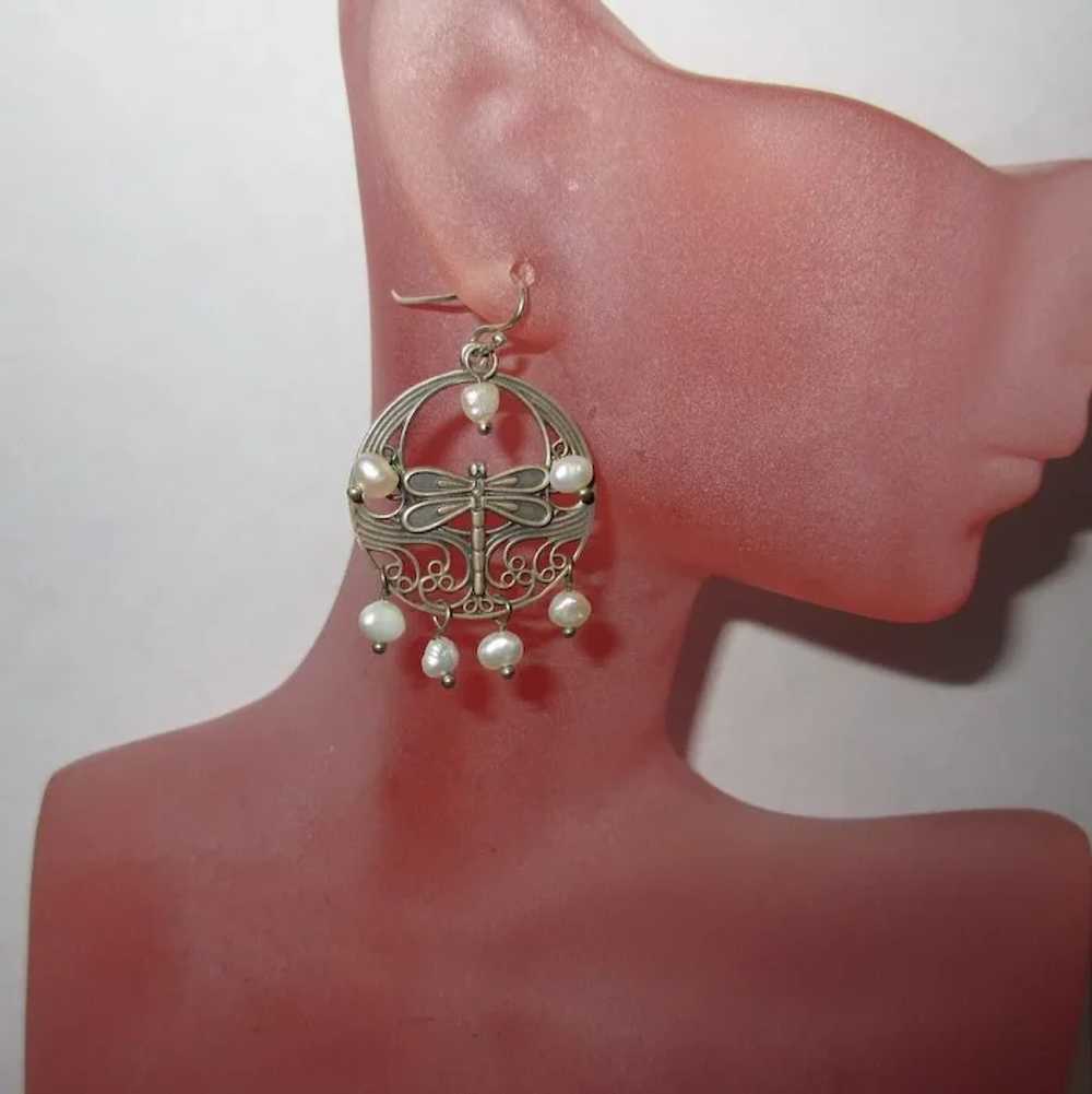 Sterling Dragonfly Earrings, Pearls, Vintage Hoops - image 2