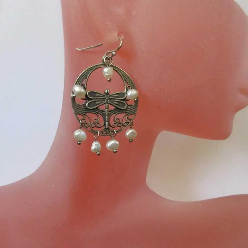 Sterling Dragonfly Earrings, Pearls, Vintage Hoops - image 3