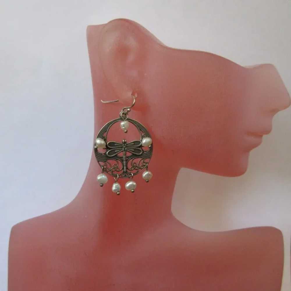 Sterling Dragonfly Earrings, Pearls, Vintage Hoops - image 4