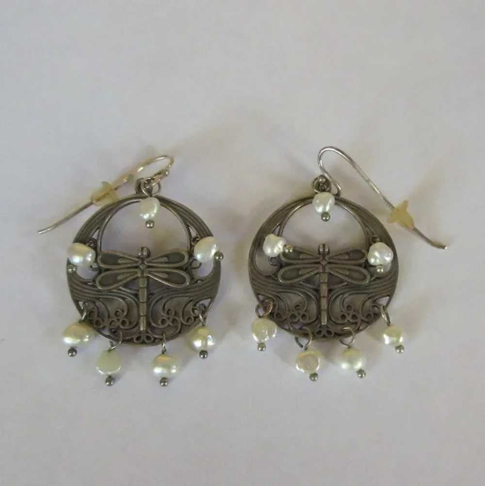 Sterling Dragonfly Earrings, Pearls, Vintage Hoops - image 5