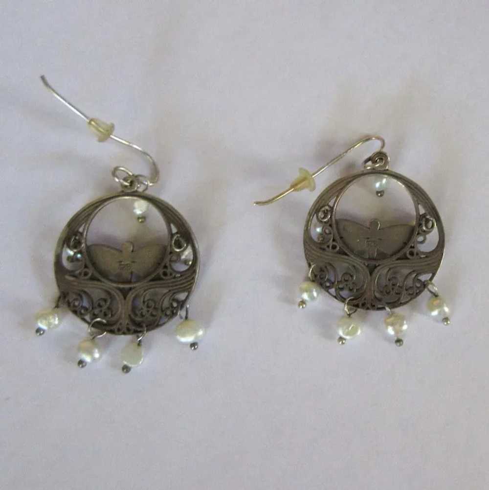 Sterling Dragonfly Earrings, Pearls, Vintage Hoops - image 6