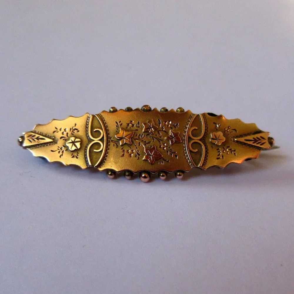 Antique Gold Brooch, Rose Gold Applique, 9K - image 3