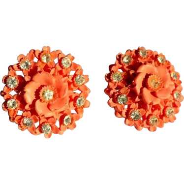 Rhinestone Celluloid Earrings, Coral Roses 20's