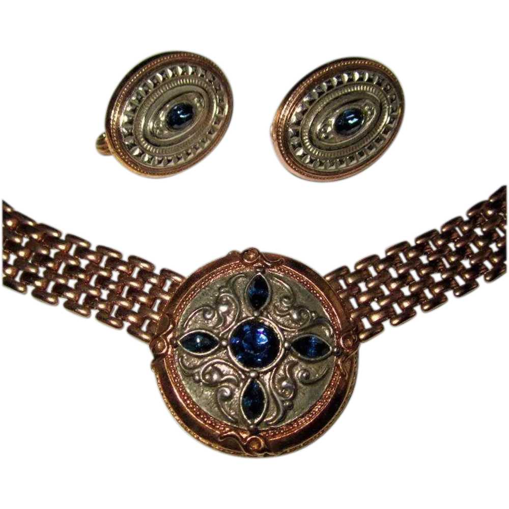 Victorian Revival Necklace & Earrings, Rhinestone… - image 1
