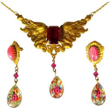 Vintage Art Glass Necklace & Earrings, Art Nouvea… - image 1