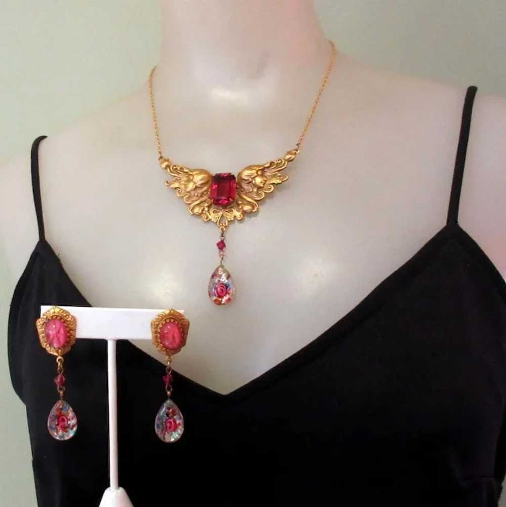 Vintage Art Glass Necklace & Earrings, Art Nouvea… - image 2