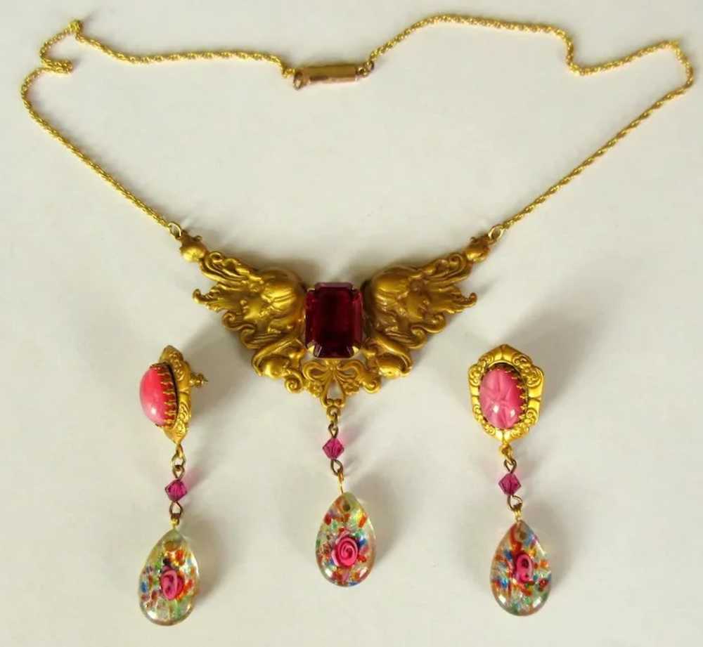 Vintage Art Glass Necklace & Earrings, Art Nouvea… - image 3