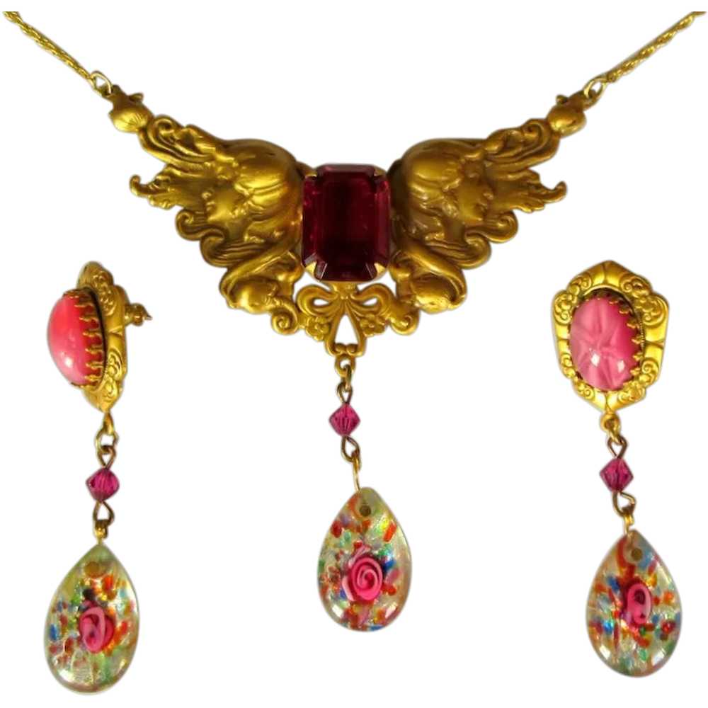 Vintage Art Glass Necklace & Earrings, Art Nouvea… - image 5