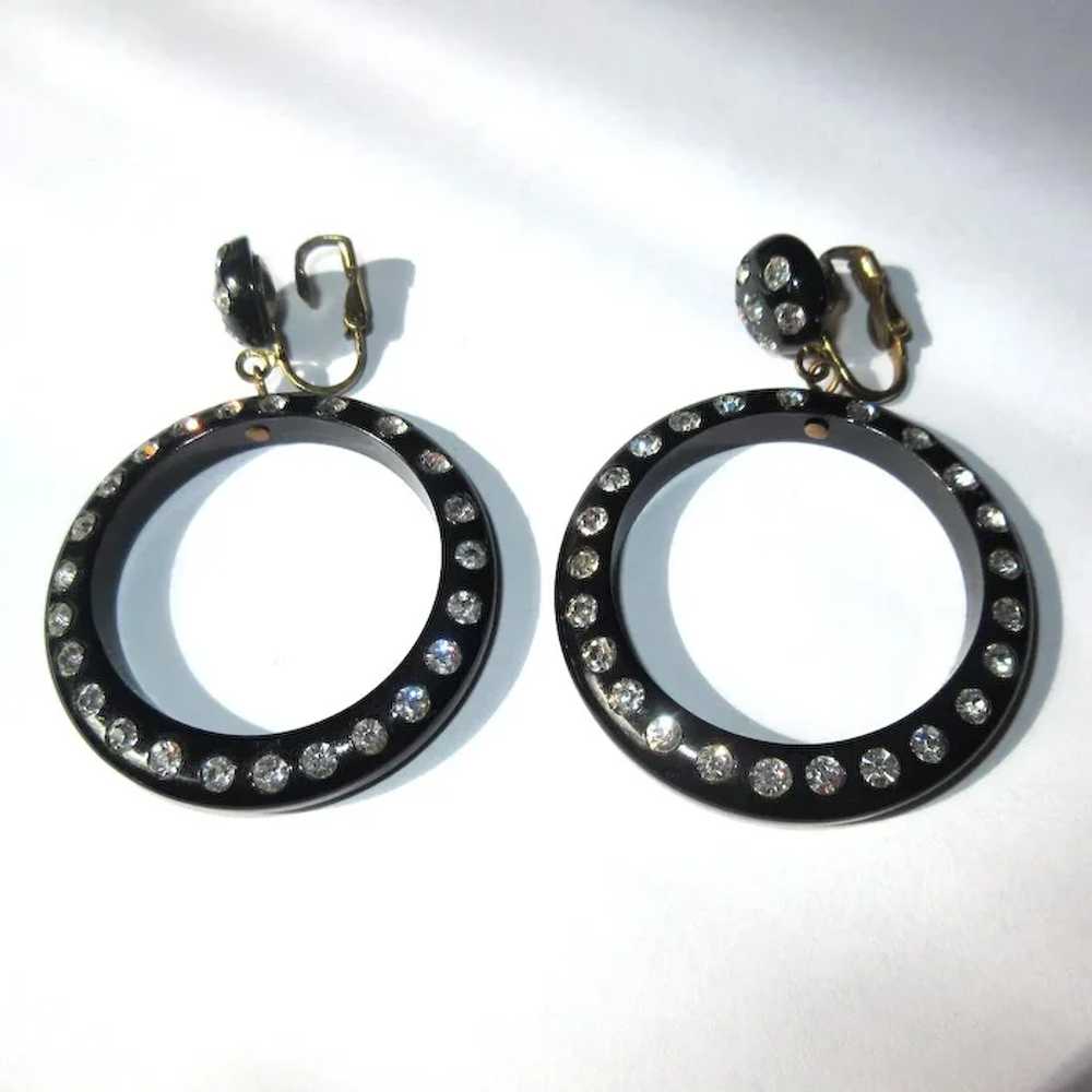 Vintage Rhinestone Hoop Earrings, Black Lucite, L… - image 2