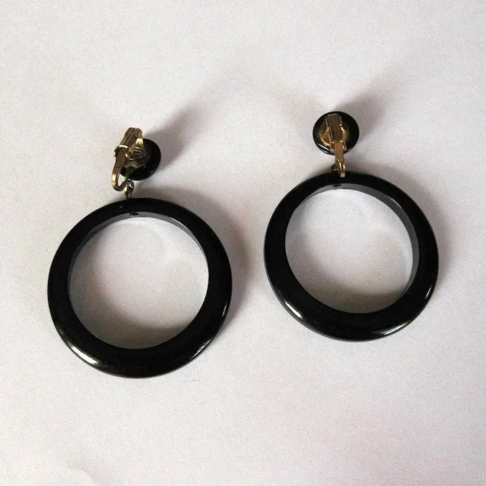 Vintage Rhinestone Hoop Earrings, Black Lucite, L… - image 3