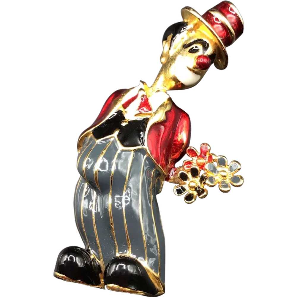 Clown with Flower Brooch Gold Tone & Colorful Ena… - image 1