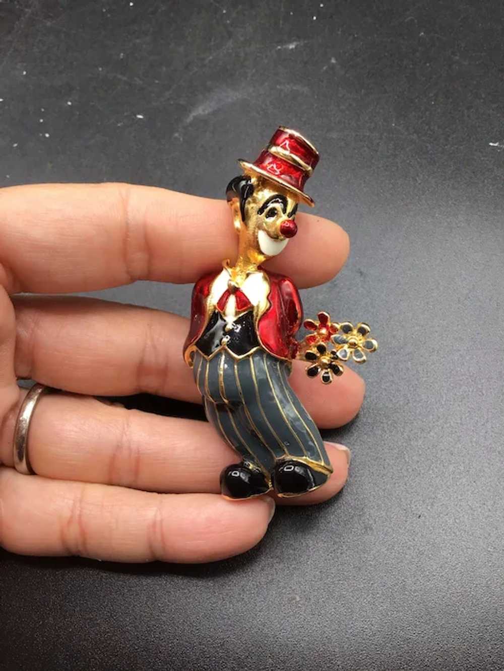 Clown with Flower Brooch Gold Tone & Colorful Ena… - image 2